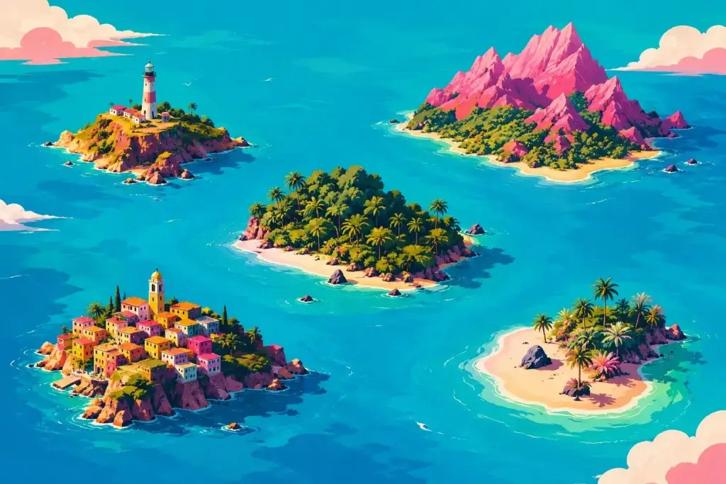Illustrazione di un arcipelago formato da più isole, simbolo di una strategia di marketing multicanale dove sito web, blog, newsletter e social lavorano insieme attraverso collegamenti strategici.