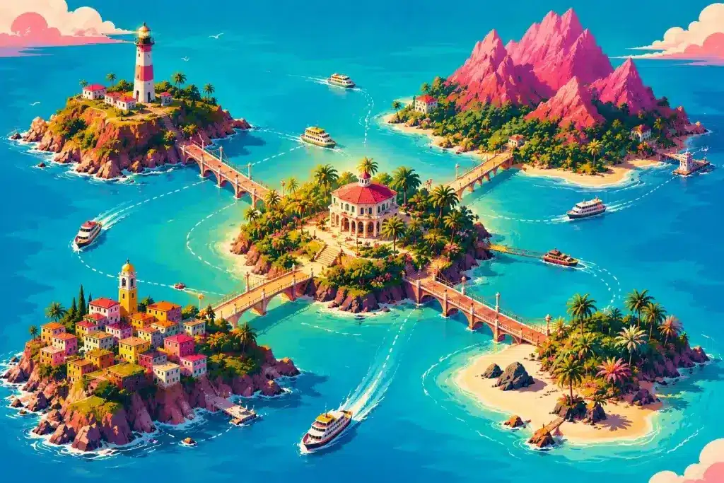 Illustrazione di un arcipelago con isole collegate da ponti, simbolo di una strategia di marketing multicanale che integra social media, newsletter, blog e sito web per accompagnare il cliente lungo il customer journey.
