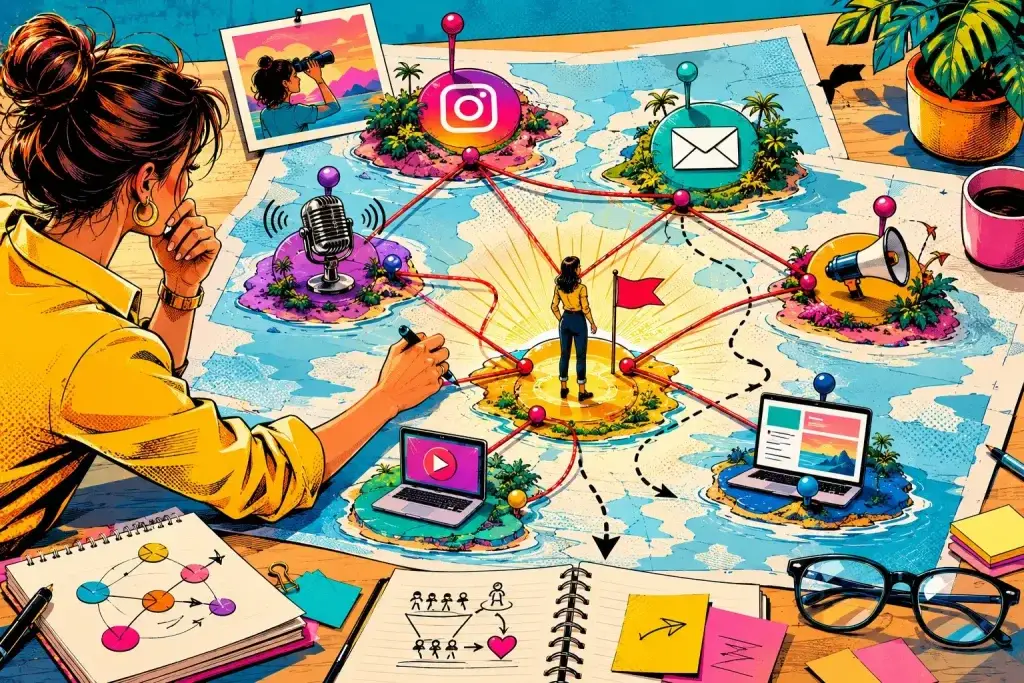 Illustrazione di una strategia di marketing in cui i diversi canali di comunicazione sono collegati tra loro per guidare una persona dal primo contatto fino alla decisione d'acquisto.