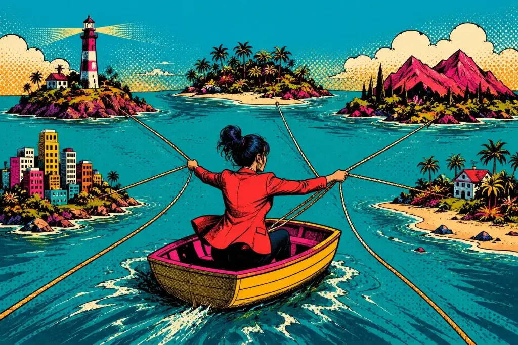 Illustrazione di una donna in barca che si ancora contemporaneamente a più isole, simbolo di una strategia di marketing multicanale basata su più punti di contatto.